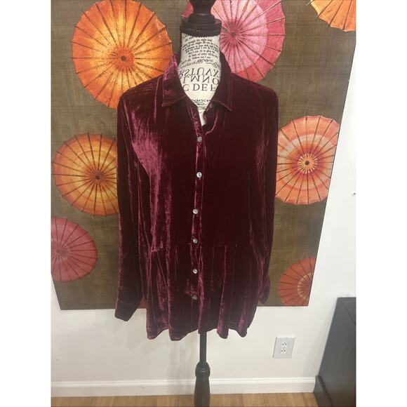 J Jill Red Burgundy Button Up Crushed Velvet Shirt Holiday Ready Soft Glam Sz PL - Picture 1 of 8